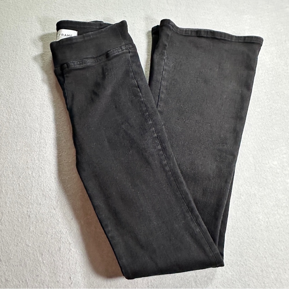 FRAME Jet Set Flare Jeans Womens Size 1‎ Black Sheen Noir High Stretch Denim
